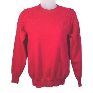Nanette Lepore Red Beaded Knit Crew Neck Sweater Womens Small Festive  Pullover
